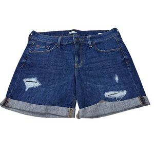 Old Navy Womens Slim Midi Dark Wash Denim Shorts Size 30 Rolled Hem Distressed S